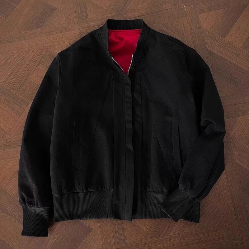 Autumn Men s Heavyweight Washed Black & Red Color Block Baseball Jacket XL