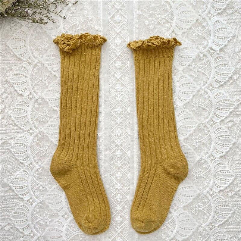 

Girls Knee High Socks Baby Kids Toddlers Ruffle Long Soft Cotton Sock Lace Flower Children School Socks 3-5Years(L) жовтий