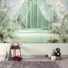 2D Sage Green Curtain Backdrop White Flower Wedding Photography Background