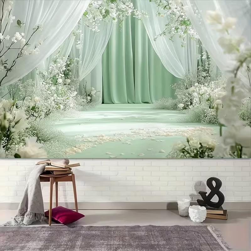 2D Sage Green Curtain Backdrop White Flower Wedding Photography Background