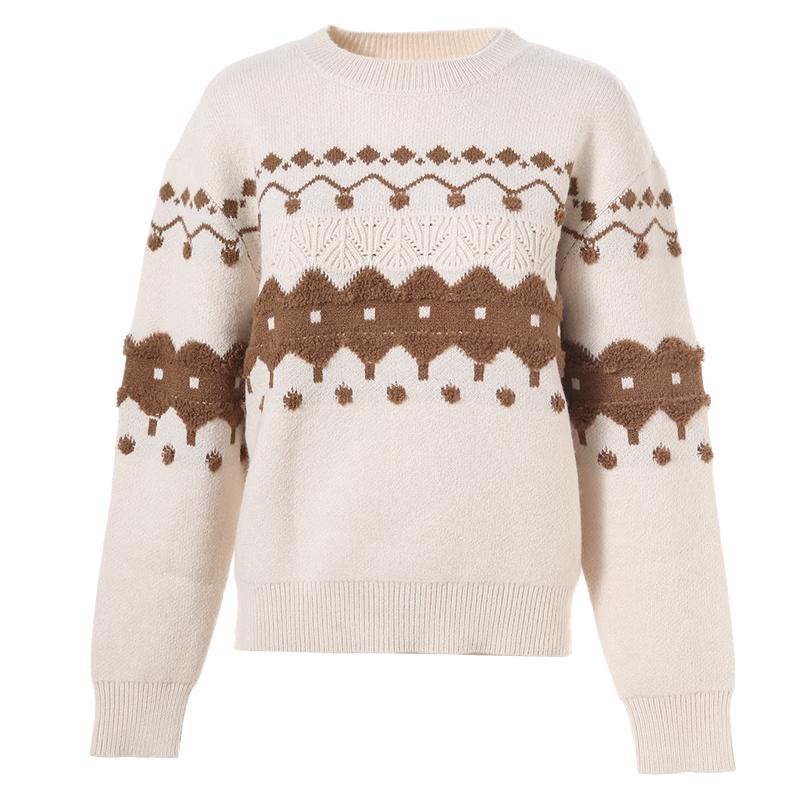 Betu Women s Color Block Hollow-out Jacquard Round Neck Sweater M