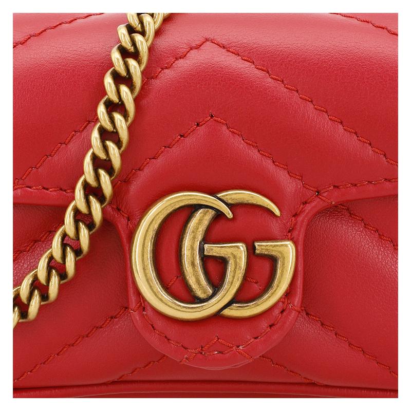 Gucci GG Marmont Marmont Distressed Gold Logo Chain Quilted Leather Handbag Coin Purse Super Mini Women's Red