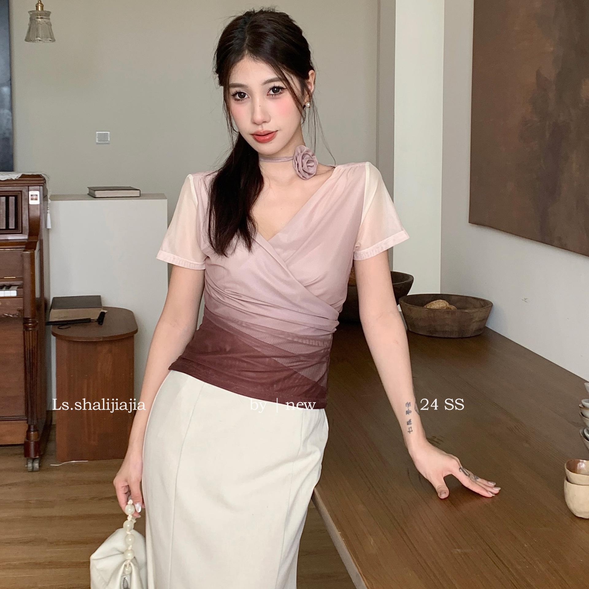 

Летняя женская блузка с градиентом тай-дай, приталенная, с завязкой на талии Small кофейный