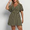 Women's Striped V-Neck Short-Sleeved Dress with A Fitted Waist Loose and Casual Bohemian Dresses