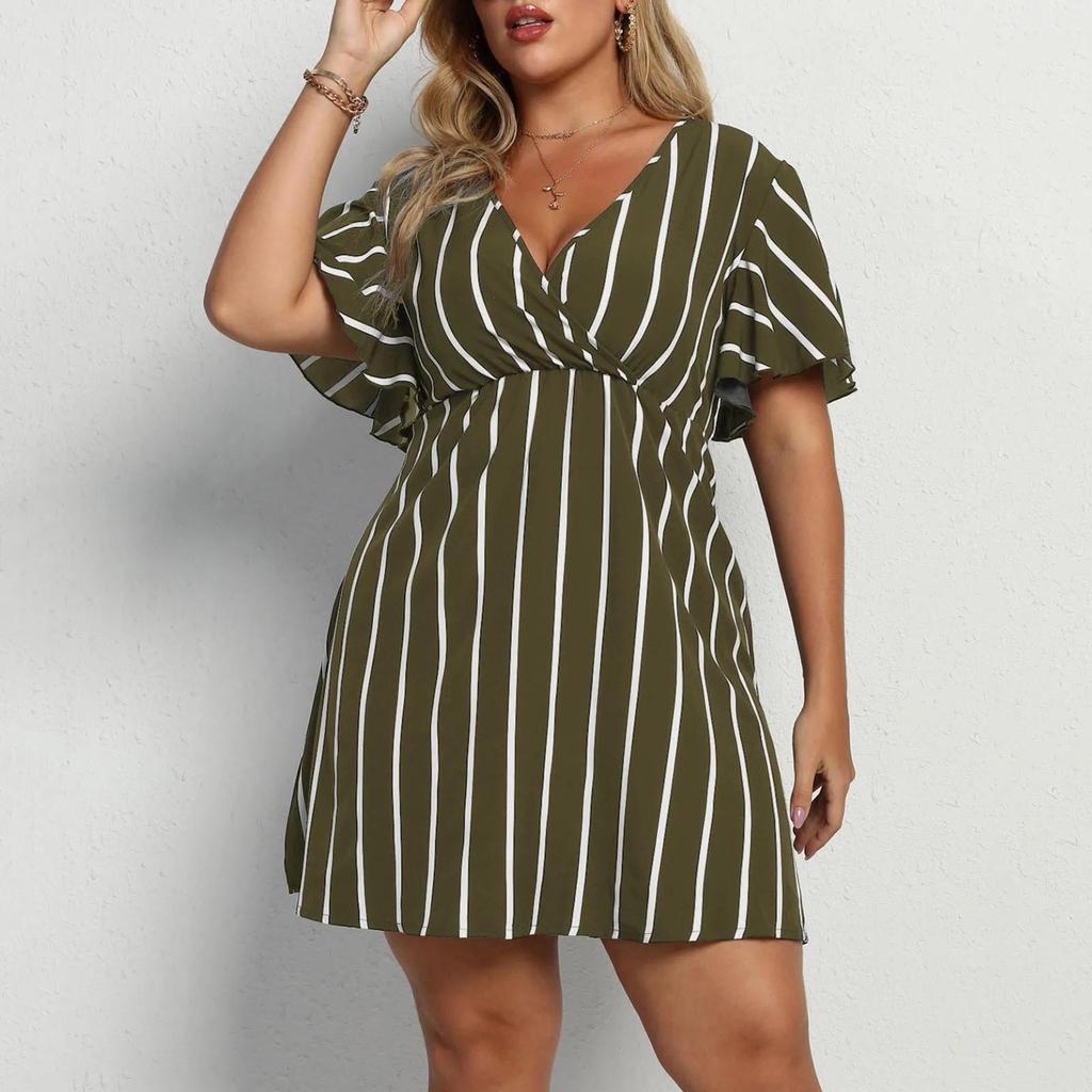 Women's Striped V-Neck Short-Sleeved Dress with A Fitted Waist Loose and Casual Bohemian Dresses
