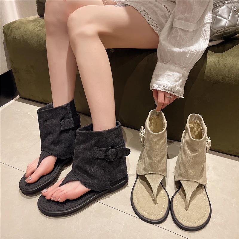 2025 New Summer Street Denim Western Boots Clip Toe Flat Bag with Herringbone Sandals Women Daily Commute Sandalias De Mujer