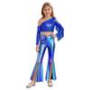 Meisjes Pageant Optreedkostuum Eén Schouder Lange Mouw Pailletten Crop Top met Split Bell Bottom Broek Kwasten Outfit