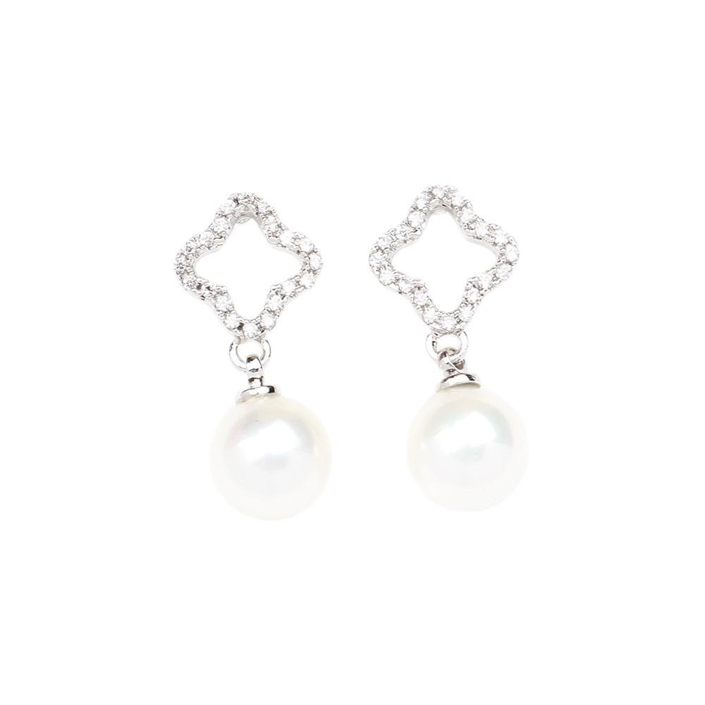 Classic Versatile Simple Stone-set Hollow Four-leaf Clover Earrings, Gold-plated Temperament Pearl Earrings, Women's Fashion Stud Earrings