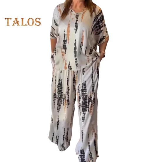 

Жіночий літній повсякденний комплект з двох предметів великого розміру з круглим вирізом і короткими рукавами Широкі брюки Комплект вільного вбрання на весну літо осінь 3XL абрикосовий