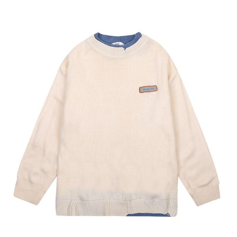 Winter New Fake Two-piece Sweater Men's Trend Bottoming Shirt Loose Jacket Men's Knitted Sweater Crew Neck Men's Clothing