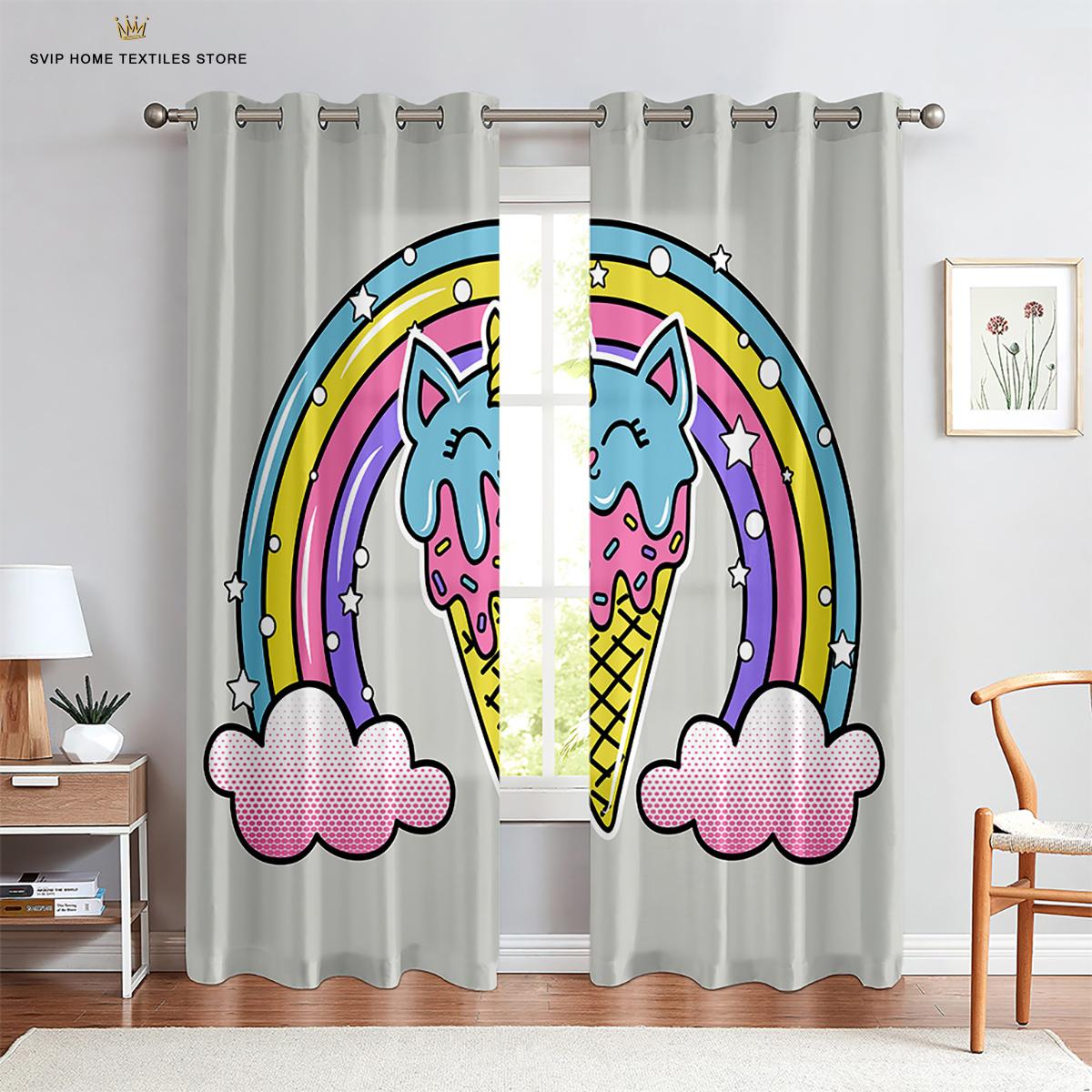 

2024 Мультяшные Милые Тюлевые Шторы с Единорогом для Гостиной Детской Спальни Оформление Окна Вуаль Кухонные Шторы W50X130H(CM)X2PCS&Rod pocket
