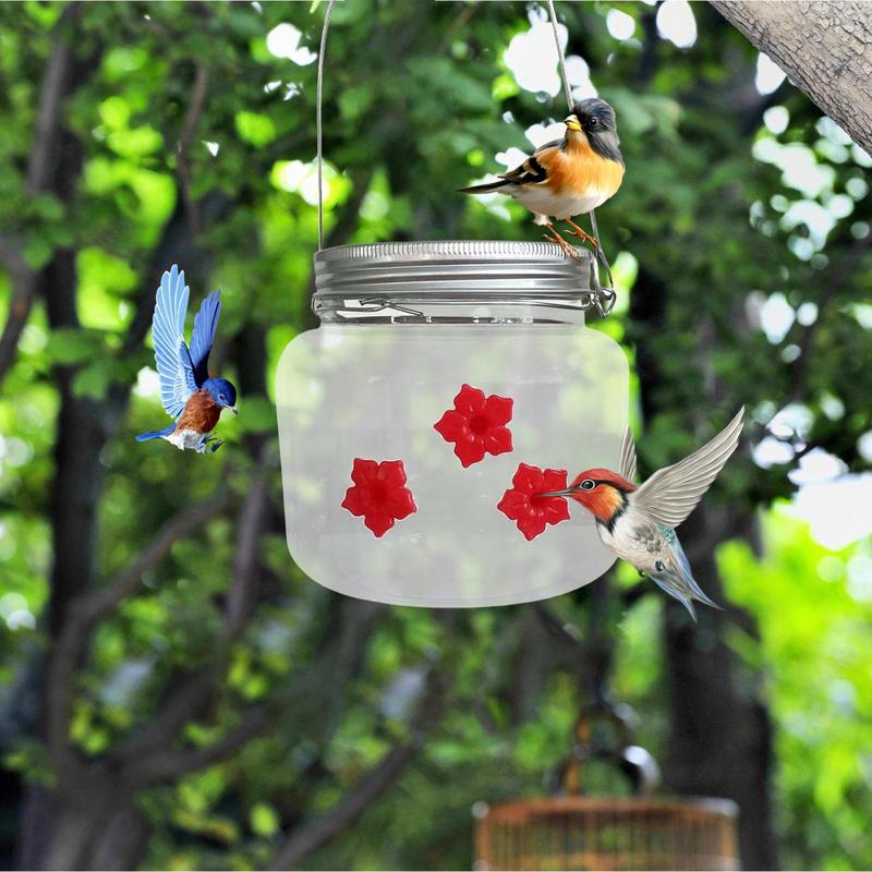 Jar Hummingbird Feeder Wild Bird Feeders Top Fill Humming Bird Feeding Station With 3 Perforated Flower Nozzles Top Fill Design