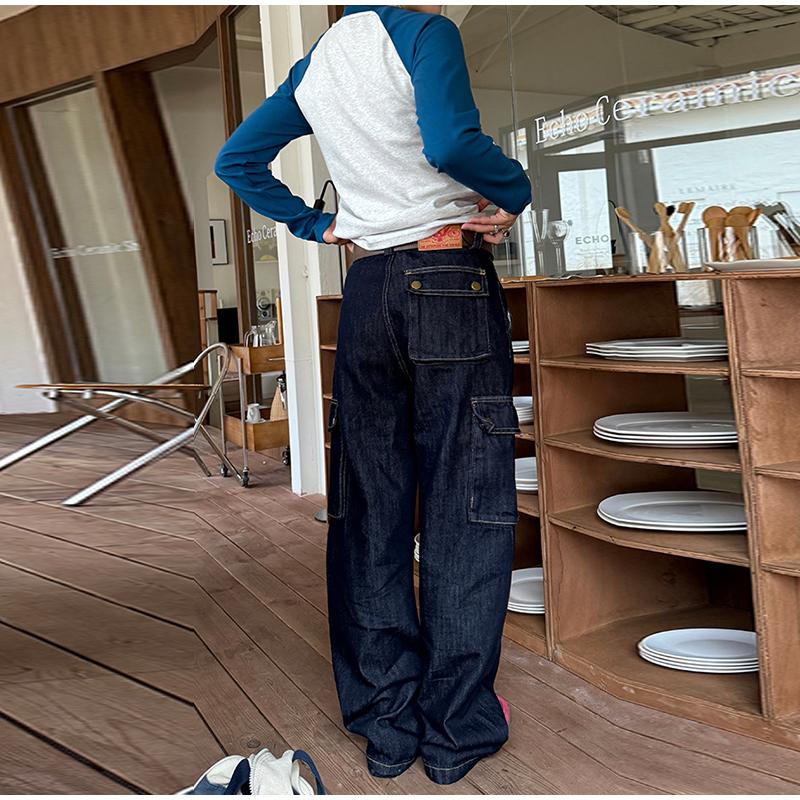 Retro Multi-Pocket Straight Leg Work Pants Loose Fit Jeans Women's 2025 Spring Autumn Trendy Denim Folded Wide Leg Jeans Office Lady Streetwear