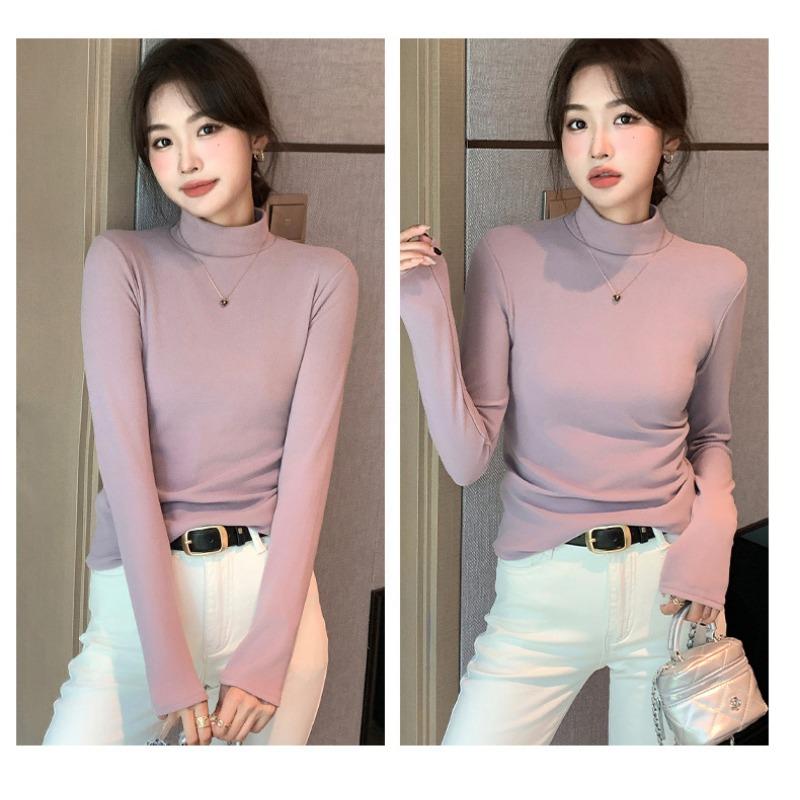 Women Half High Neck Solid Thickened Warm Fleece Lined Long Sleeve Bottoming Top