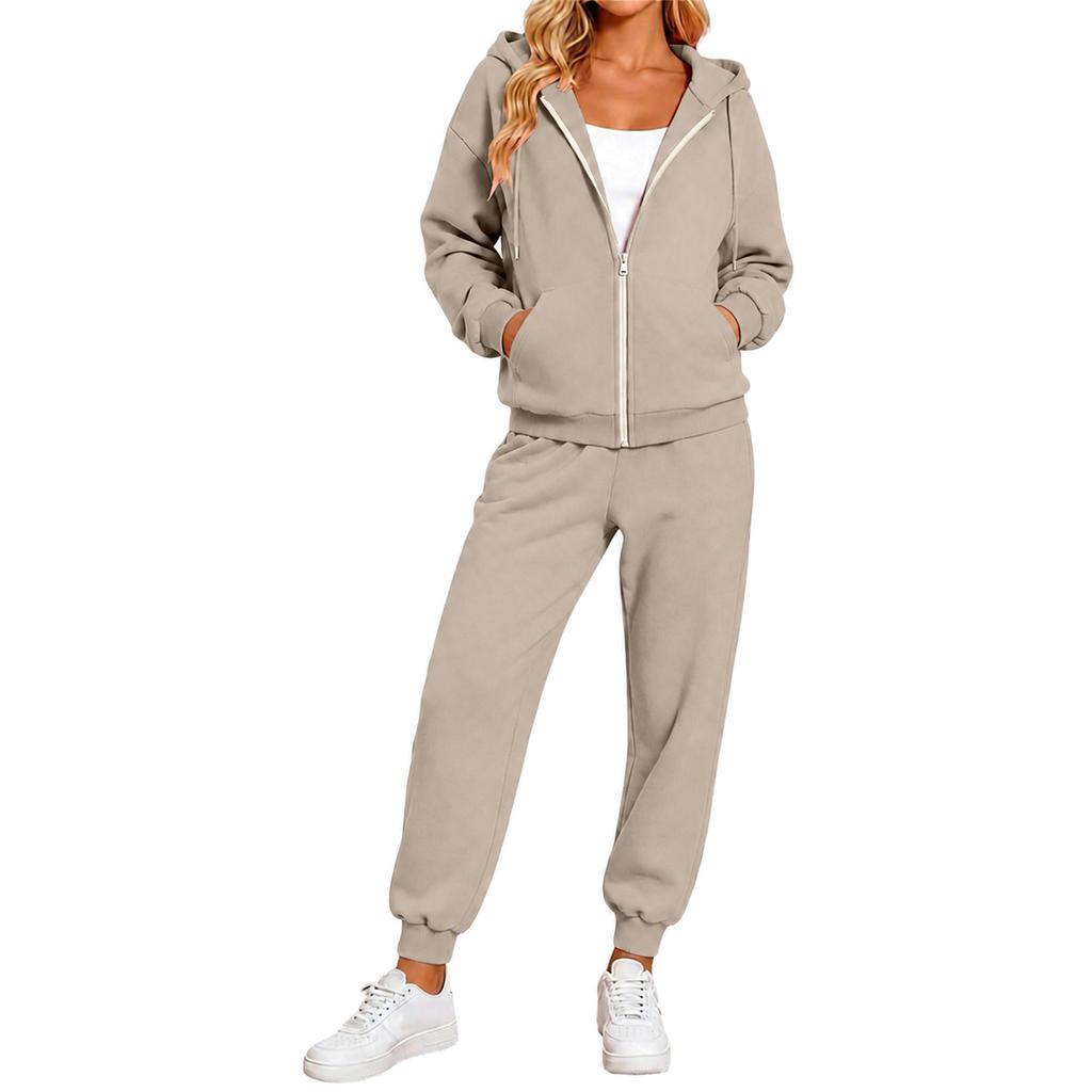 Women's Color Hooded Long Sleeve Track Suit with Pants for Running and Casual Wear
