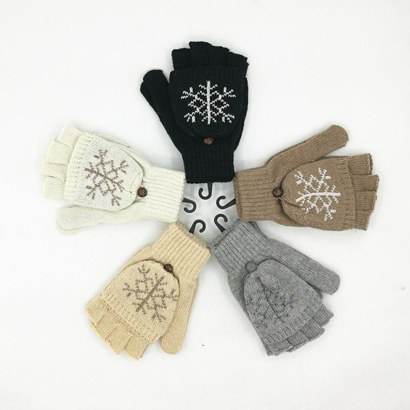 Wool Gloves Men'S And Women'S Snowflake Flip Dual-Purpose Thermal Half-Finger Gloves Deer Knitted Split-Finger Gloves