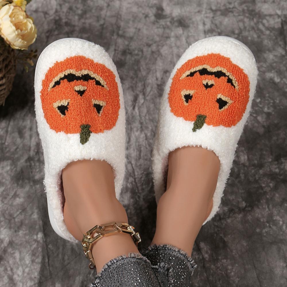 Pumpkin Slippers Soft Plush Cozy Non-slip Rubber Sole Halloween Slippers for Women Indoor Winter Shoes Halloween Gifts