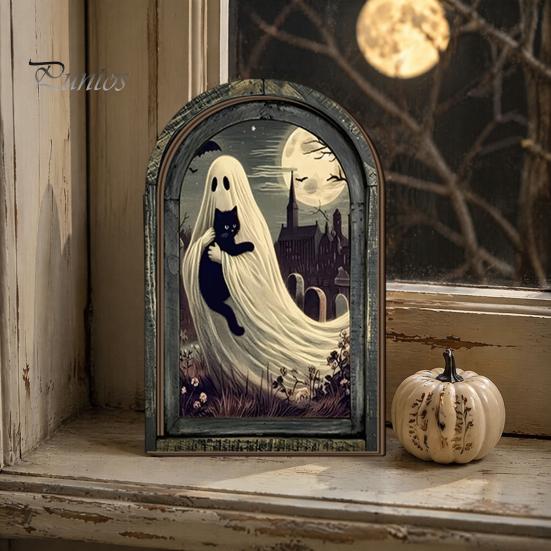 Halloween Desktop Ornament Arched Wooden Wall Decor, Ghost Cat Hanging Ornament, Distressed Gothic Solid Wood Frame Tabletop Decor Plaque, Spooky Home