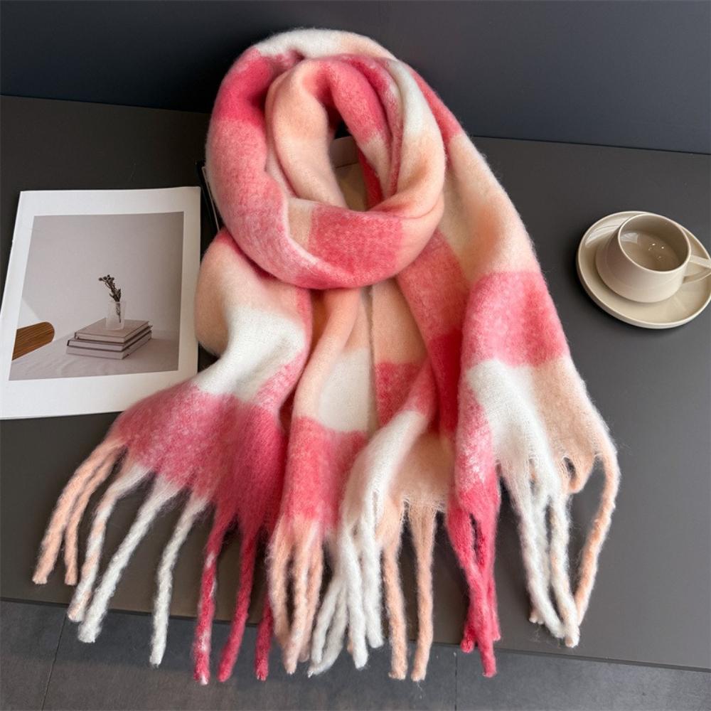 Neck Warmer Scarf For Women Winter Thickened Tassel Pashmina Shawl Faux Cashmere Warps Autumn Rainbow Plaid Elegant Blanket