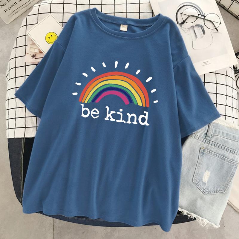 Be Kind A Glowing Rainbow Womens T Shirt Cotton Cool Tshirt Street Oversized Short Sleeve Fashion Breathable Tee Clothes