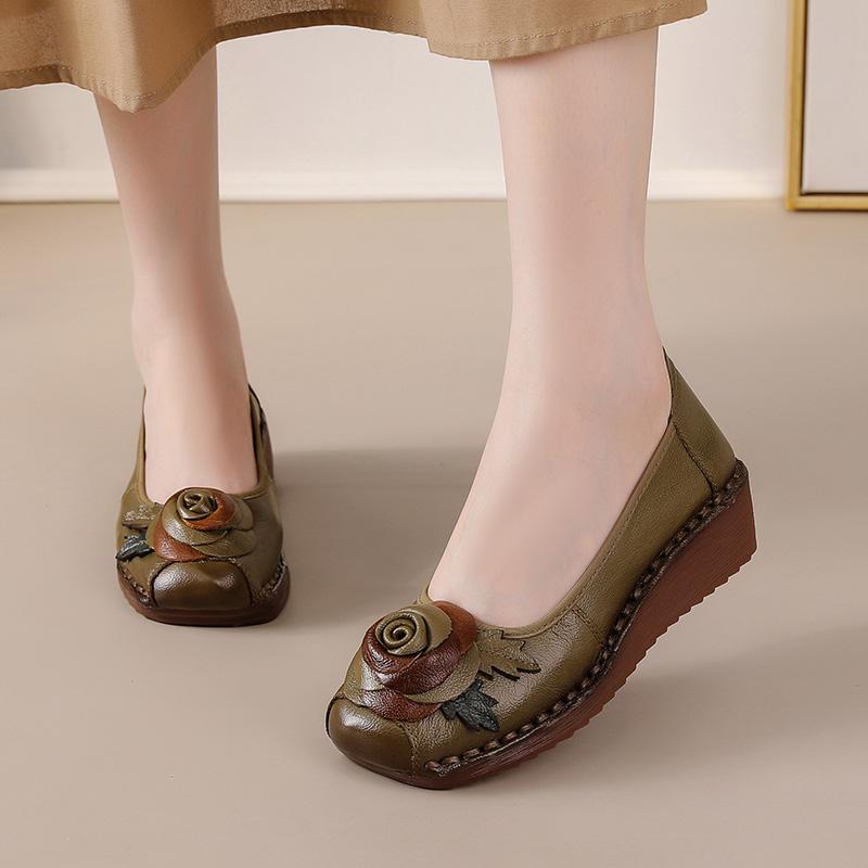 Fashion Rose flower slip on flats women's autumn genuine leather shoes woman shallow wedge heels ladies elegant retro moccasins loafers