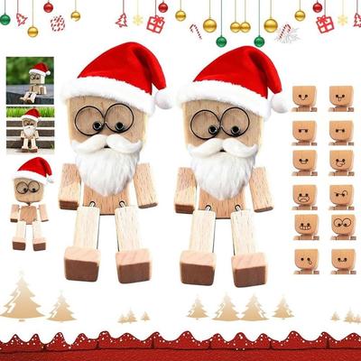 Handmade Shaking Wooden Man Figurine Christmas Series Doll Wearing Santa Hat with 12Pcs Magnetic Expressions Creative Gifts Commutes Car Dashboard