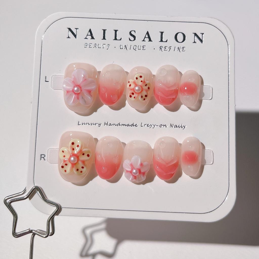 10pcs 3D Emboss Flower Press On Nails Summer Shell Sea Nail Art Cute Pearl Handmade False Nails French Short Almond Fake Nails