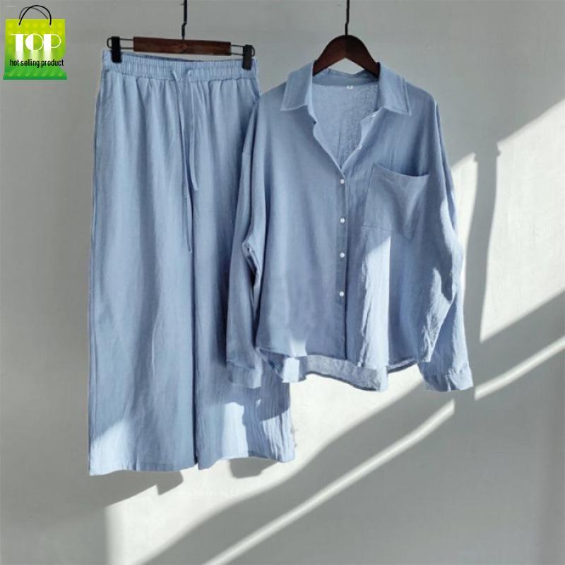 Women's Retro Plus Size Cotton Linen Shirt and High Waist Wide Leg Pants Two-Piece Set 2025