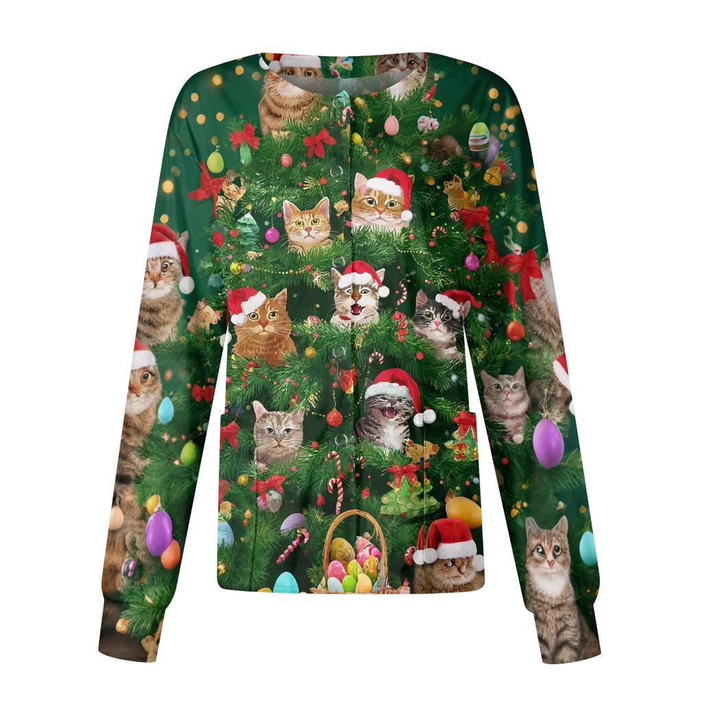Women's Christmas-printed Casual Long-sleeved Single-breasted Work Uniform Cardigan
