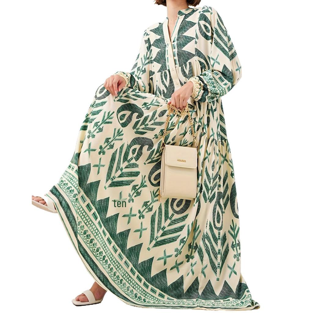 Elegant Green Modest Dress for Muslim Women – Soft, Comfortable, Long Printed Design