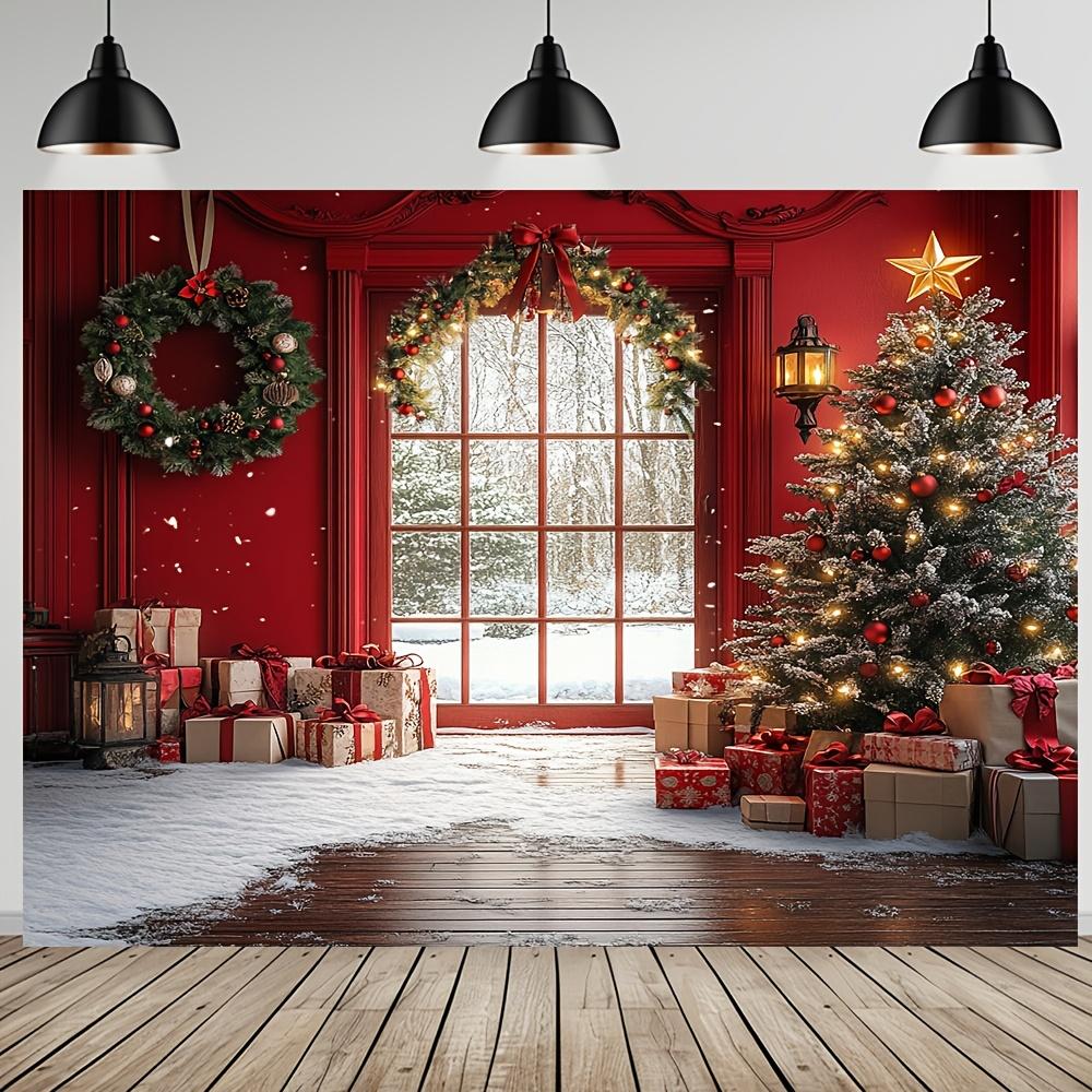 1 Piece Winter Christmas Scene Backdrop with Snowy Windows and Christmas Tree  Extra Large Outdoor Festive Wall Decor