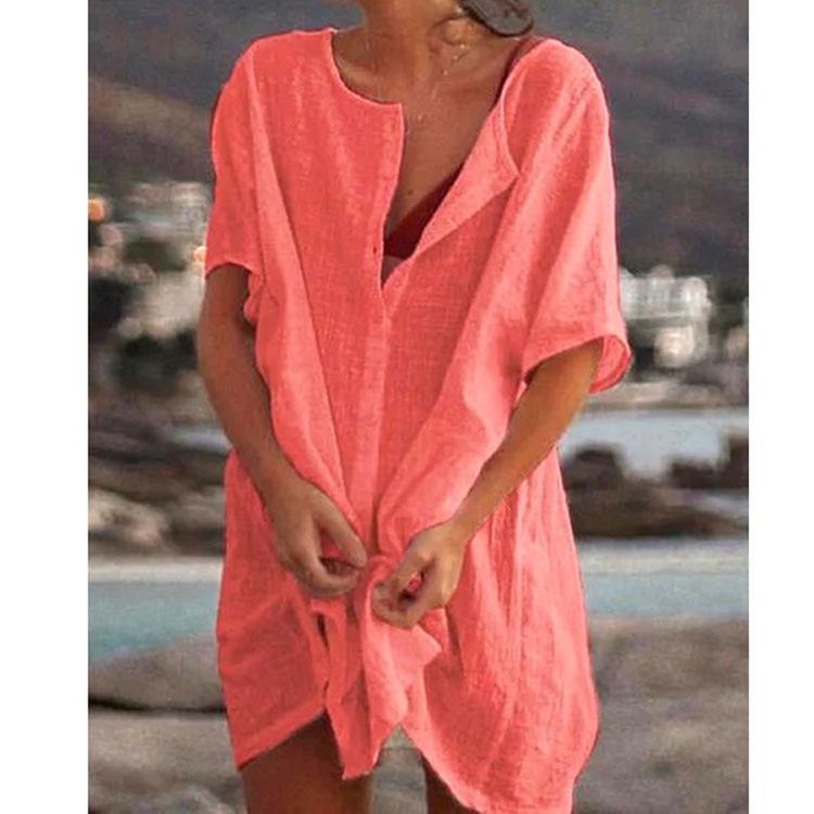 Camisa de Moda Europea y Americana para Mujer Multicolor, Multitalla de Longitud Media Holgada de Color Sólido Manga Corta
