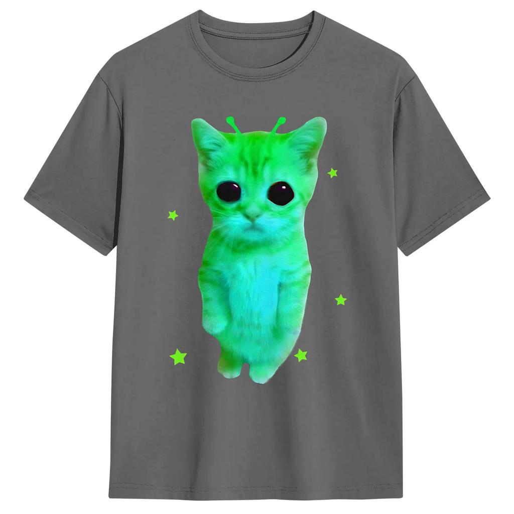 Green Alien Cat Meme TShirt Summer Fashion TShirts Unisex Cotton O Neck Oversized Top Tees Short Sleeve Streetwear Tops