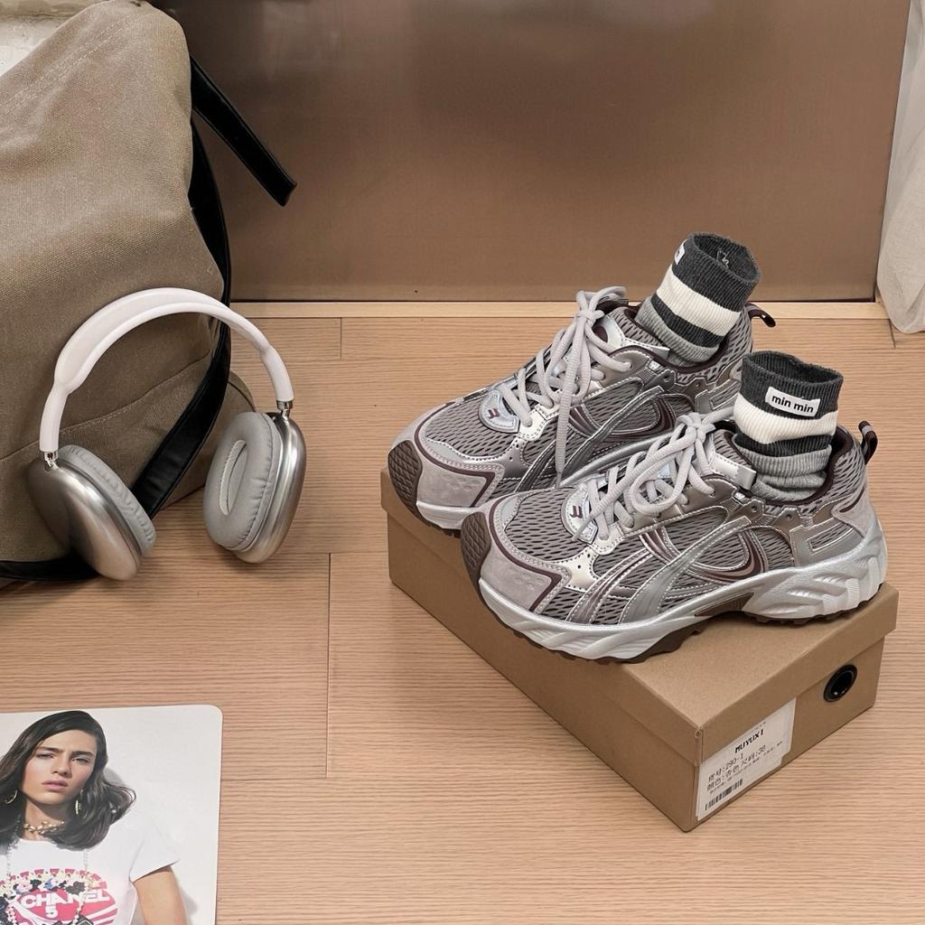 Leather breathable mesh dad shoes women's 2025 summer new thick-soled heightening versatile thin casual jogging sneakers