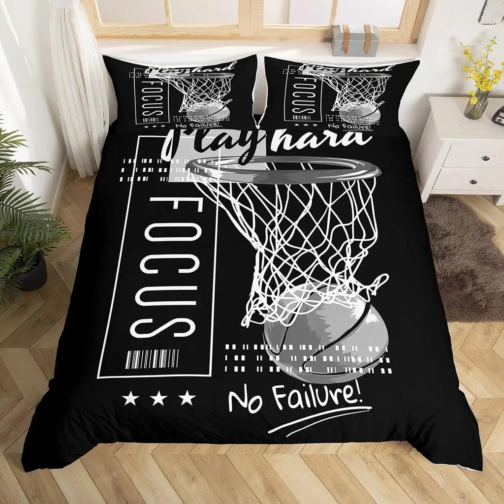 Basketball Duvet Cover Set Queen,Sports Gaming Comforter Cover For Boys Girls,Black Graffiti Bedding Set Sports Bedspread Cover