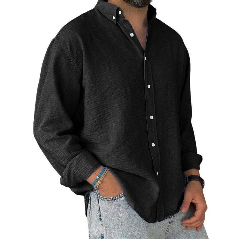 

Men Linen Blend Button Down Shirt Long Sleeve Solid Color Casual Loose Top S чёрный