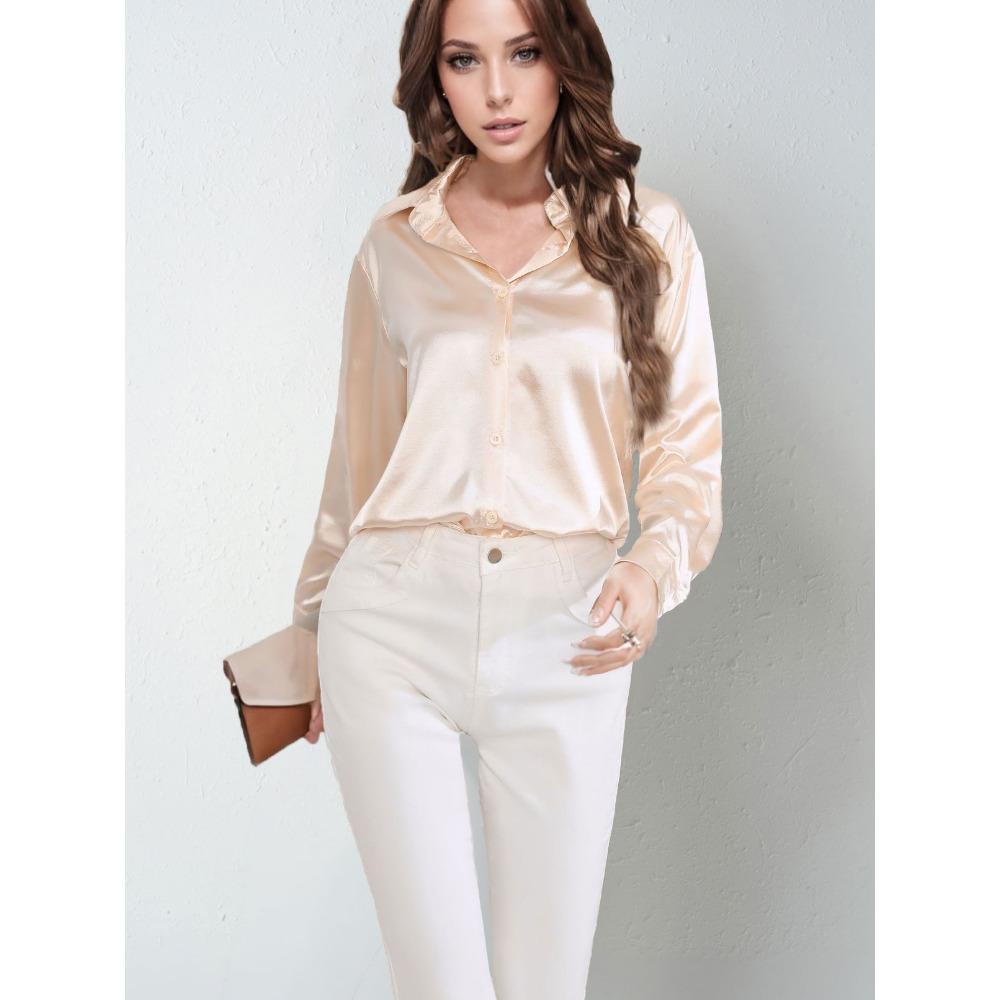 GMXIA Sateng Silkelignende Langermet Ensfarget Skjorte for Kvinner, Elegant Knappedetalj foran med Krage