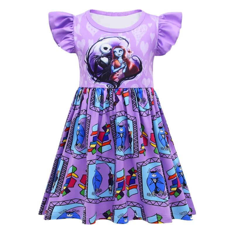 Girls Halloween Short Dress Ruffle Sleeve Round Neck A-Line Party Kids Casual Costume