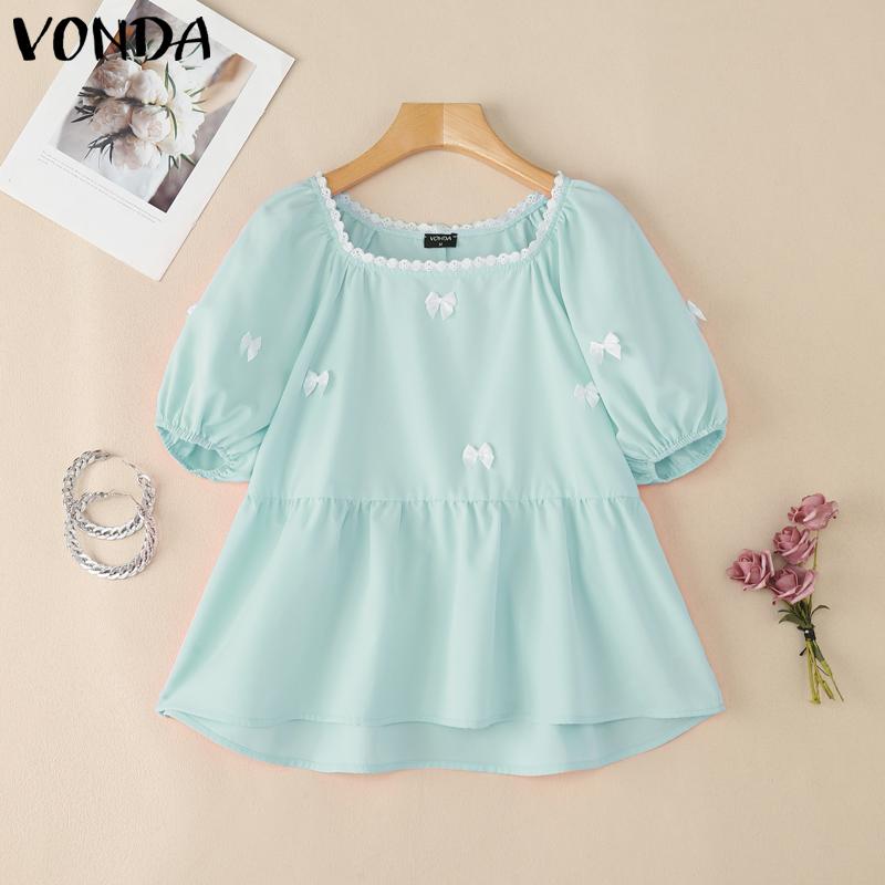 

VONDA Women Square Collar Short Sleeve Ruffled Bows Casual T-shirts 5XL синий