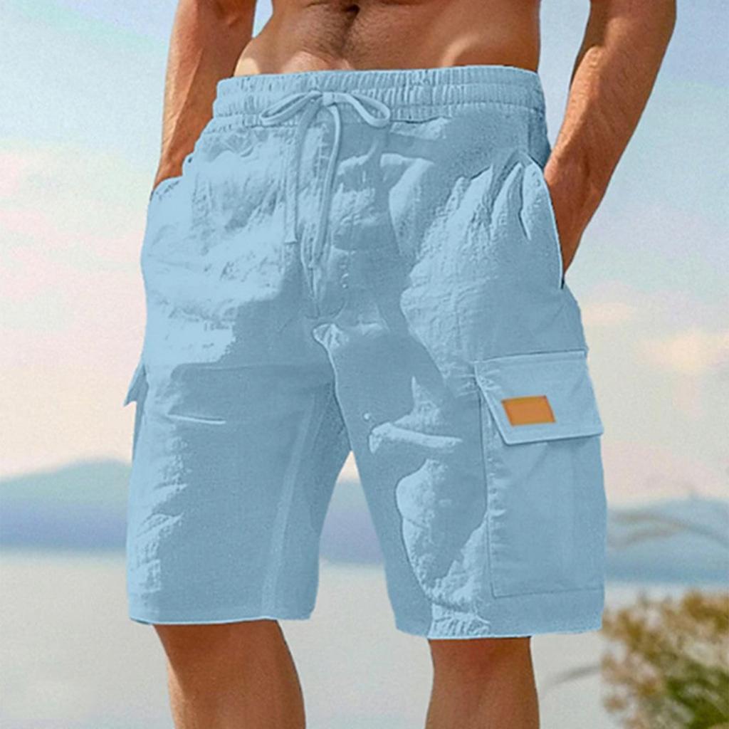 Men's Work Pants Shorts Linen Shorts Beach Shorts Elastic Waist Drawstring Multiple Pockets