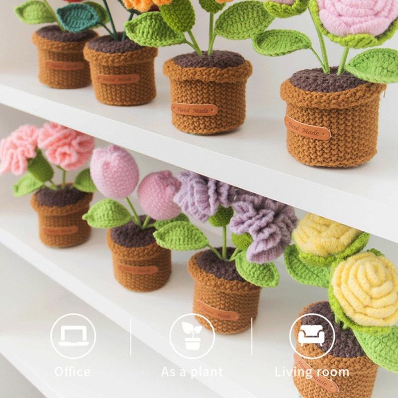 Cute Crochet Rose Flower Arrangement Small Knitting Potted Plant Ornament Home Office Desktop Decors For Wedding Gift