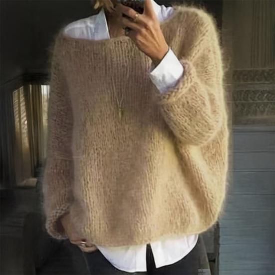 Women Sweater Round Neck Long Sleeve Loose Fit Knitting Tops Breathable Loose Hem Solid Color Knitwear