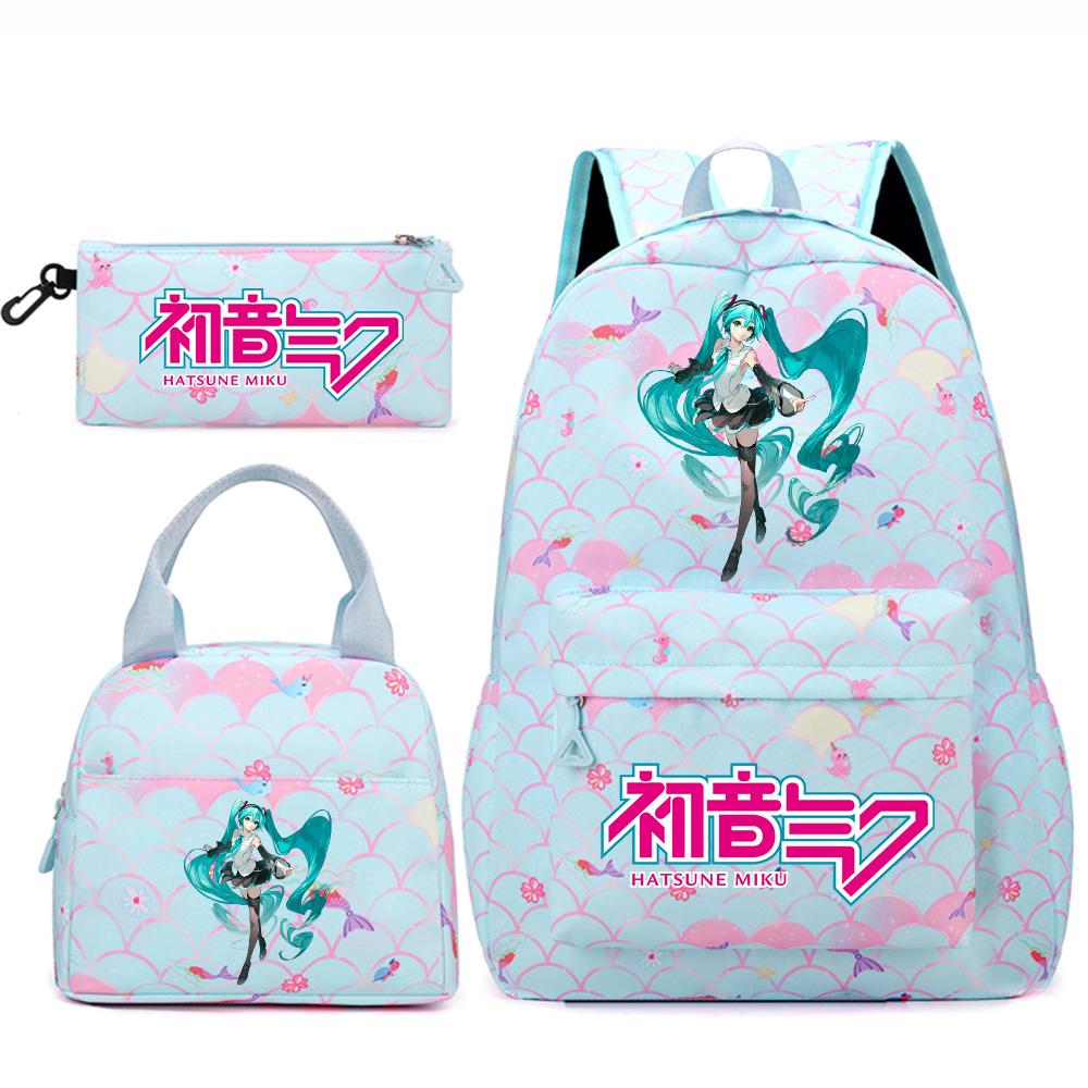 3 Stück/Set Anime Cartoon Hatsune Miku Bedruckter Rucksack Handtasche Federmäppchen für Teenager Schüler Mädchen Jungen Große Kapazität Wasserdicht Schultasche Reisetasche