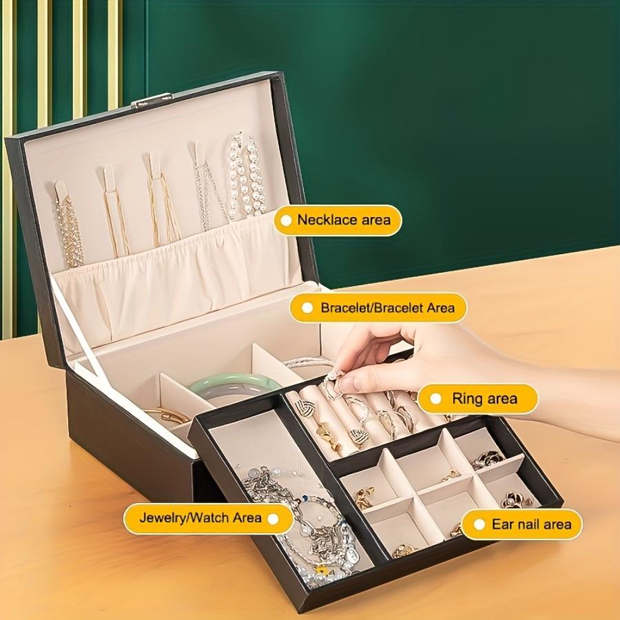 Schmuck-Organizer-Box im Vintage-Stil mit Doppelschicht aus Kunstleder mit Schloss - Geräumige Aufbewahrung für Ohrringe, Schmuckkästen