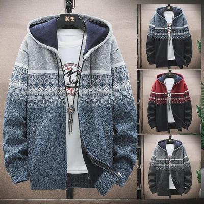 Ανδρικό Πλεκτό Παλτό με Κουκούλα και Χρωματιστό Μπλοκ Σχέδιο Κορεάτικου Στυλ - Φθινόπωρο/Χειμώνας