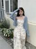 Plus Size French Retro Print Suspender Dress & Cardigan Set