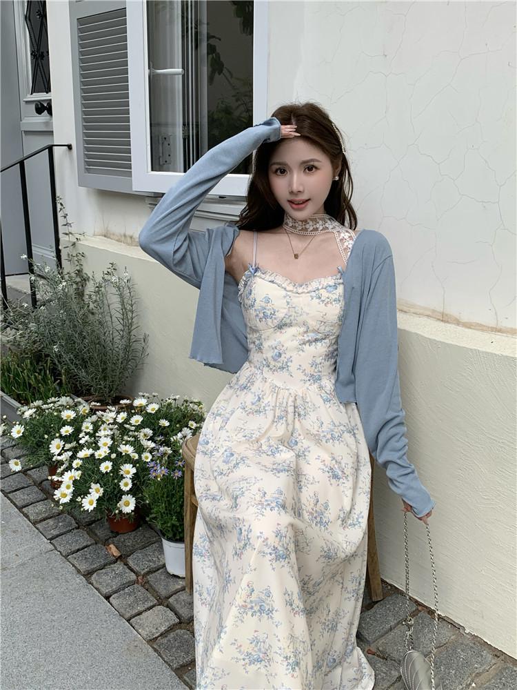 Plus Size French Retro Print Suspender Dress & Cardigan Set