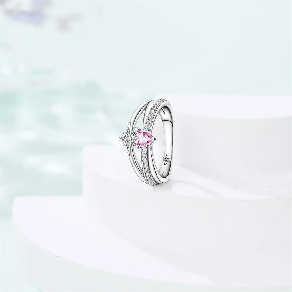 Authentic Copper Jewellery Pink Heart Love Star Shape Blue Zircon Rings Fine Anniversary Luxury Delicate Rings Girlfriend Gift