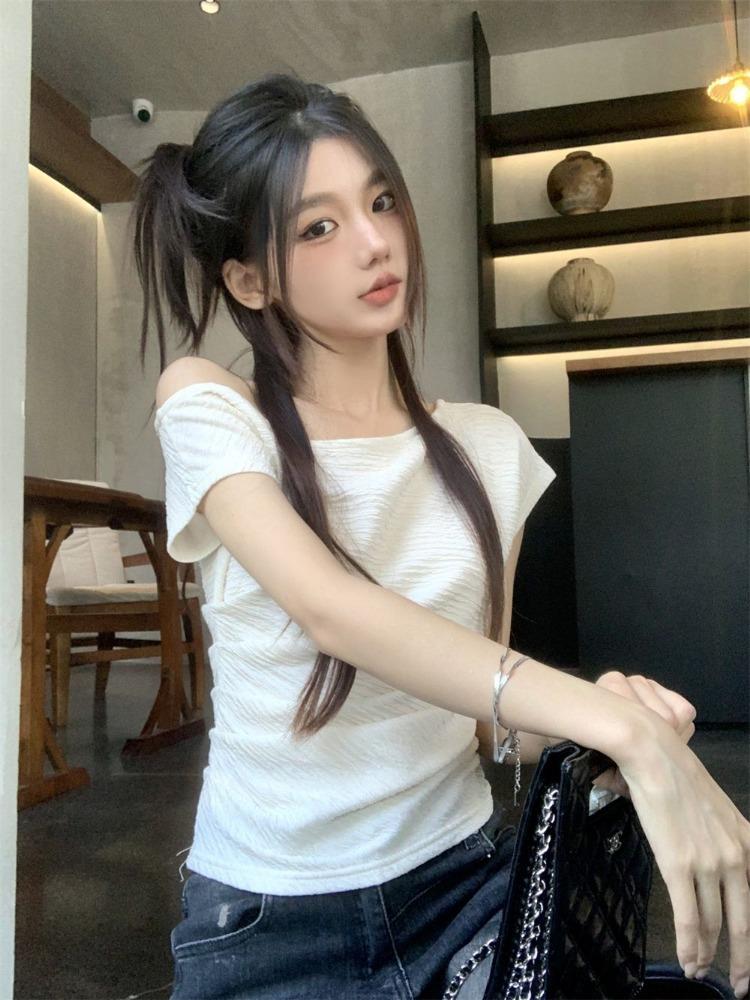 Women Summer Cropped T-Shirt Off Shoulder Sexy Slim Fit Short Sleeves Tops Fashion Sensibility Design Solid Elegant Clothing