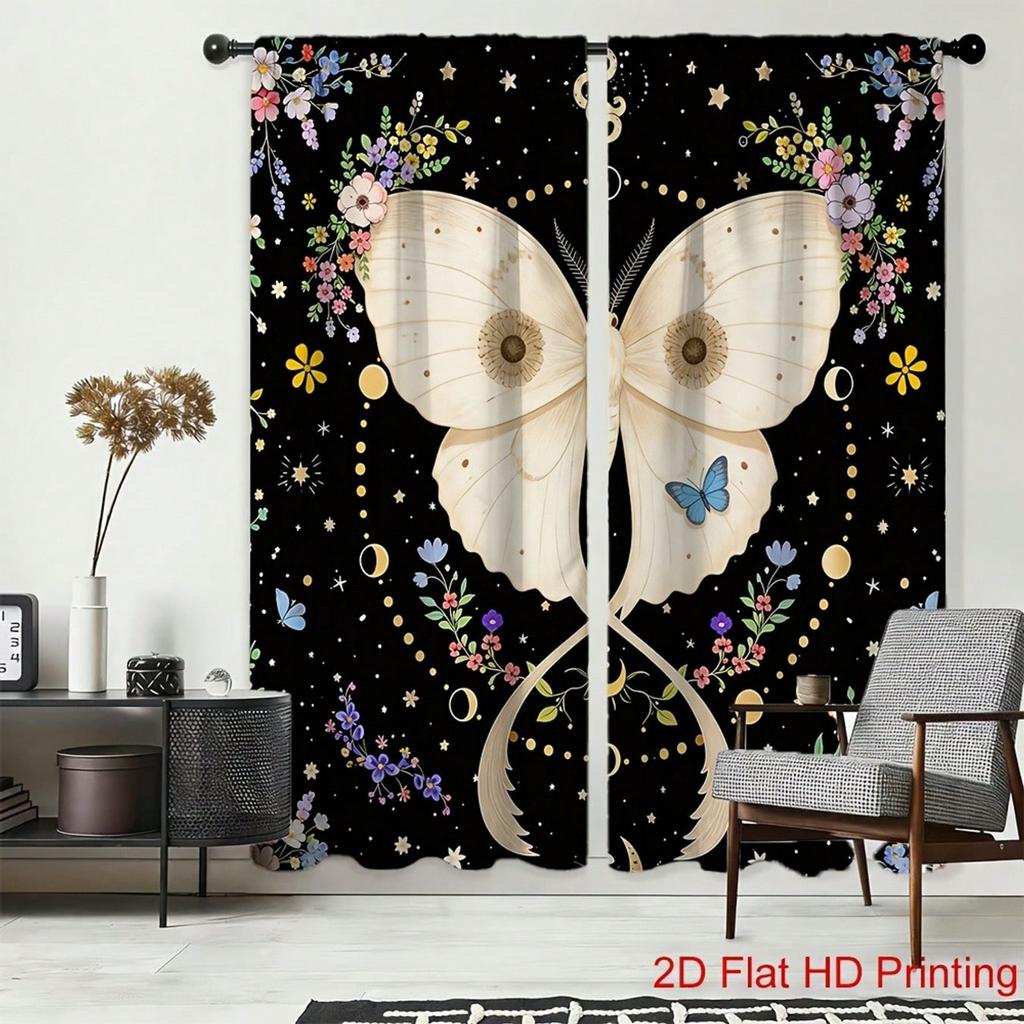 2pcs Panels Modern Semi-Sheer Filtering Curtains Suitable For Spring Summer Decor With Mystical Moth & Floral Print